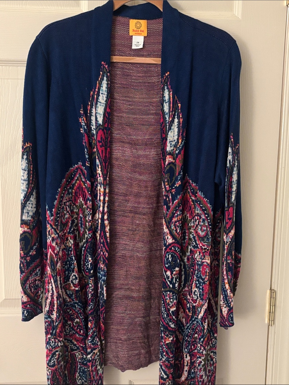 Ruby Rd. Navy, Pink Open-Front Printed Cardigan 2X